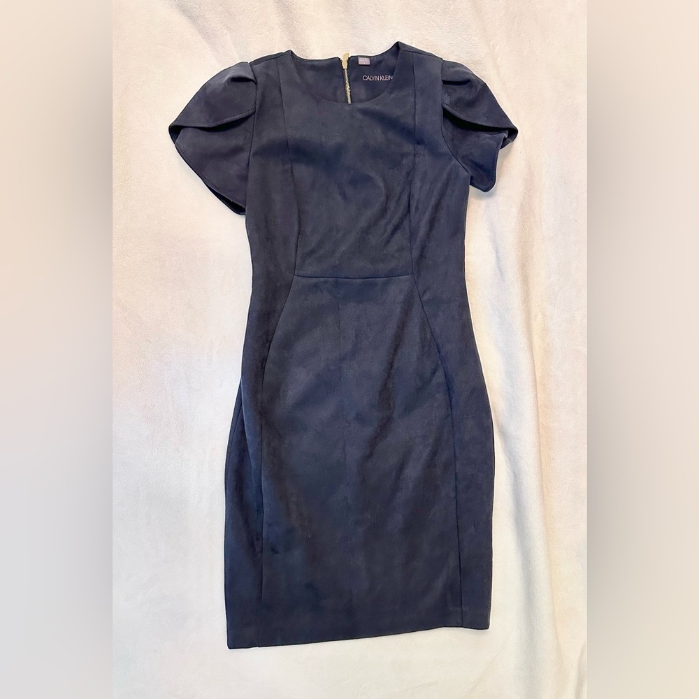 Calvin Klein Women Navy Faux-Suede Tulip-Sleeve Dress Size 6